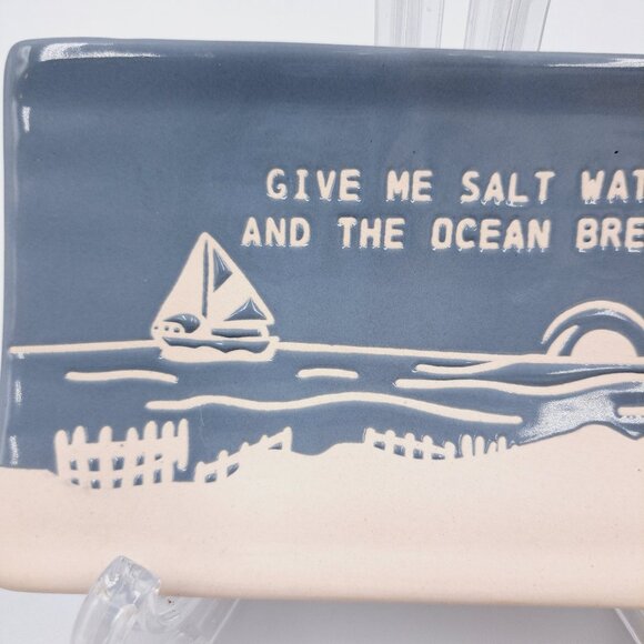 White & Blue Give Me Salt Water & Ocean Breeze Beach Scenic Ceramic Spoon Rest - Picture 2 of 6
